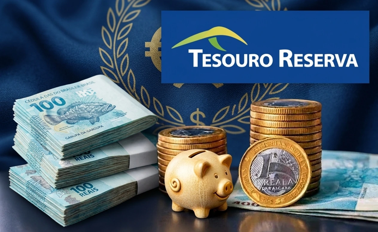 Infográfico explicativo sobre Tesouro Reserva mostrando cédulas de 100 reais, moedas e um porquinho de cerâmica, representando economia e rendimento de 100% da Selic.